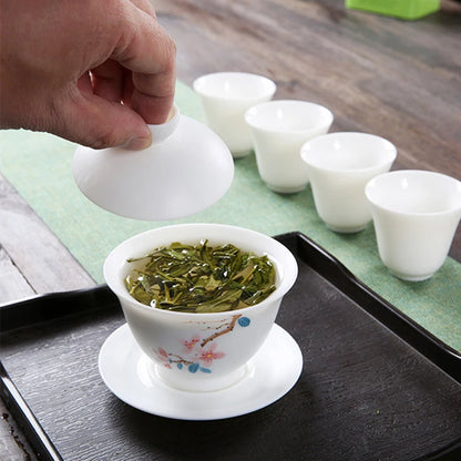 mutton fat jade porcelain gaiwan handpainted ceramic tureen covered bowl handmade cup bowl saucer coaster lid in China boutique