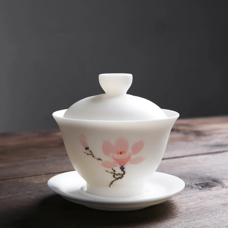 mutton fat jade porcelain gaiwan handpainted ceramic tureen covered bowl handmade cup bowl saucer coaster lid in China boutique