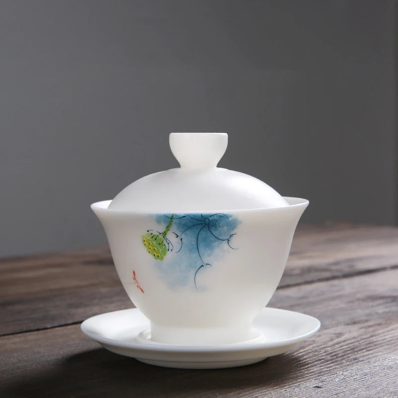 mutton fat jade porcelain gaiwan handpainted ceramic tureen covered bowl handmade cup bowl saucer coaster lid in China boutique