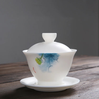 mutton fat jade porcelain gaiwan handpainted ceramic tureen covered bowl handmade cup bowl saucer coaster lid in China boutique