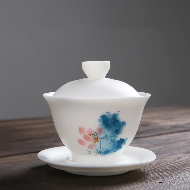 mutton fat jade porcelain gaiwan handpainted ceramic tureen covered bowl handmade cup bowl saucer coaster lid in China boutique