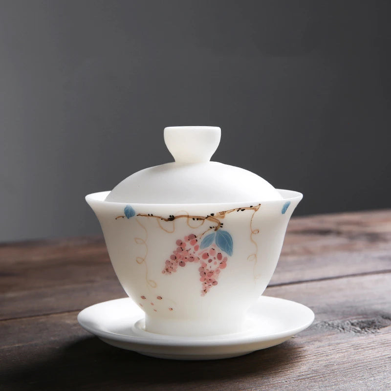 mutton fat jade porcelain gaiwan handpainted ceramic tureen covered bowl handmade cup bowl saucer coaster lid in China boutique