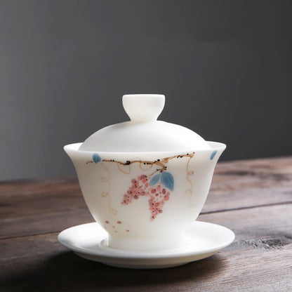 mutton fat jade porcelain gaiwan handpainted ceramic tureen covered bowl handmade cup bowl saucer coaster lid in China boutique
