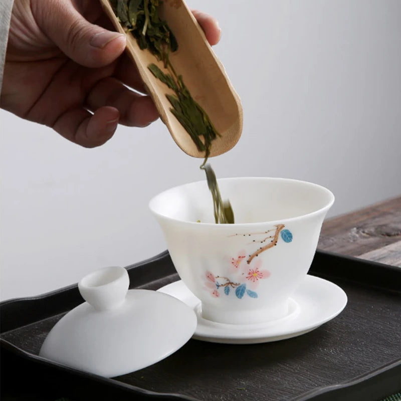 mutton fat jade porcelain gaiwan handpainted ceramic tureen covered bowl handmade cup bowl saucer coaster lid in China boutique