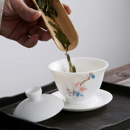 mutton fat jade porcelain gaiwan handpainted ceramic tureen covered bowl handmade cup bowl saucer coaster lid in China boutique