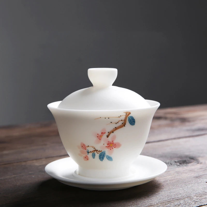 mutton fat jade porcelain gaiwan handpainted ceramic tureen covered bowl handmade cup bowl saucer coaster lid in China boutique
