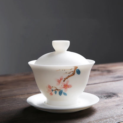 mutton fat jade porcelain gaiwan handpainted ceramic tureen covered bowl handmade cup bowl saucer coaster lid in China boutique