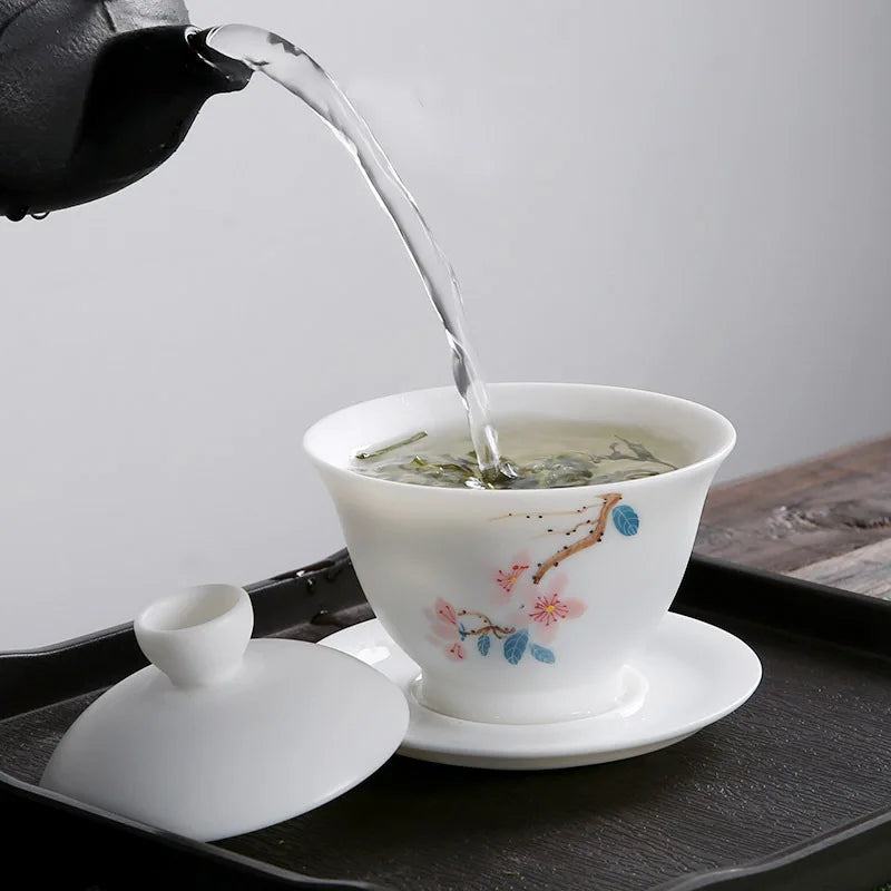 mutton fat jade porcelain gaiwan handpainted ceramic tureen covered bowl handmade cup bowl saucer coaster lid in China boutique