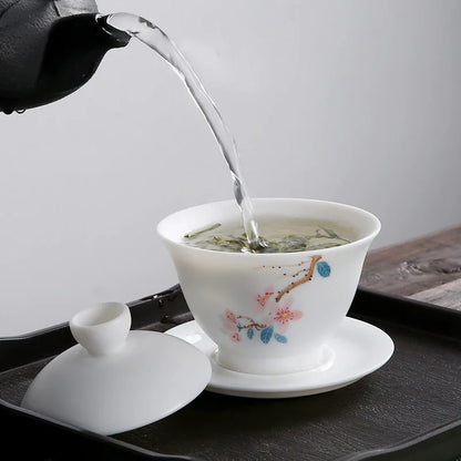 mutton fat jade porcelain gaiwan handpainted ceramic tureen covered bowl handmade cup bowl saucer coaster lid in China boutique