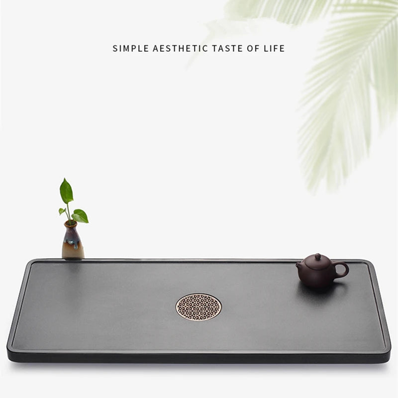 newly listed heavy tea tray stone serving trays water draining pipe & ball Chinese black stone tea table boat creative drainage