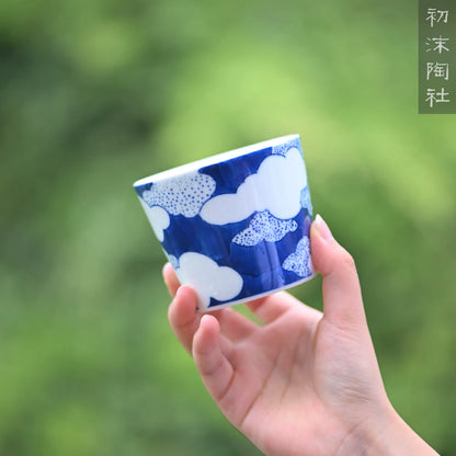of the jingdezhen blue and white small hand-painted blue glass glass coffee cup pig koubei clear glass Japanese tea set