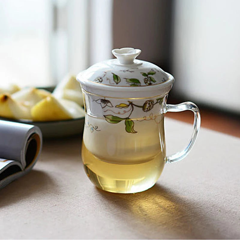 office cup Borosilicate glass tea cup with handle porcelain filter cup inside with lid Chinese kungfu tea set cup of tea 420ml