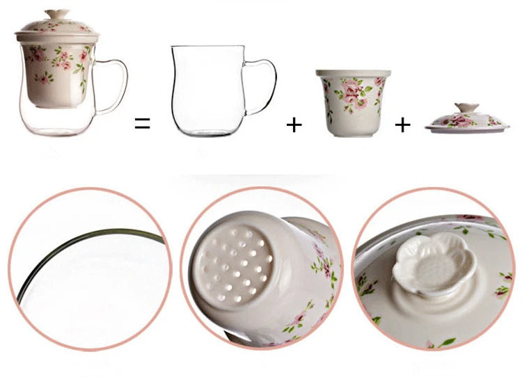 office cup Borosilicate glass tea cup with handle porcelain filter cup inside with lid Chinese kungfu tea set cup of tea 420ml
