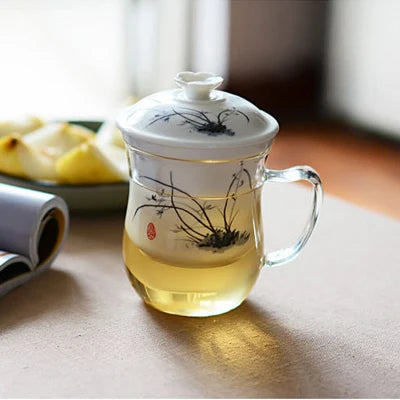 office cup Borosilicate glass tea cup with handle porcelain filter cup inside with lid Chinese kungfu tea set cup of tea 420ml