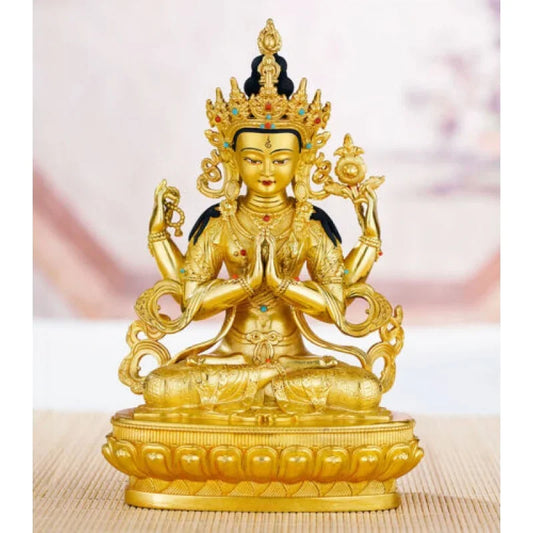 old Handpainted bronze Buddha statue gilt Four-armed Guanyin Bodhisattva Tara
