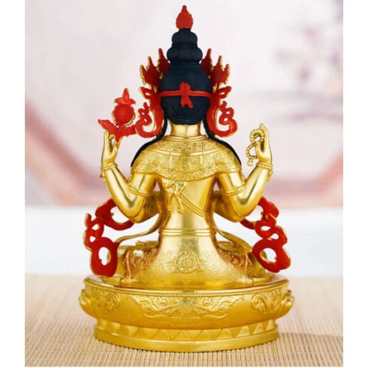 old Handpainted bronze Buddha statue gilt Four-armed Guanyin Bodhisattva Tara