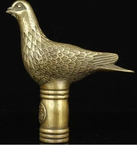 old Handwork Carving Bronze Pigeon Statue Cane Head Walking Stick
