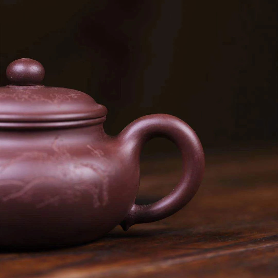 old purple clay tea pot marked Chinese original ore real yixing zisha antique style master pot hand carved 9 infuser holes new