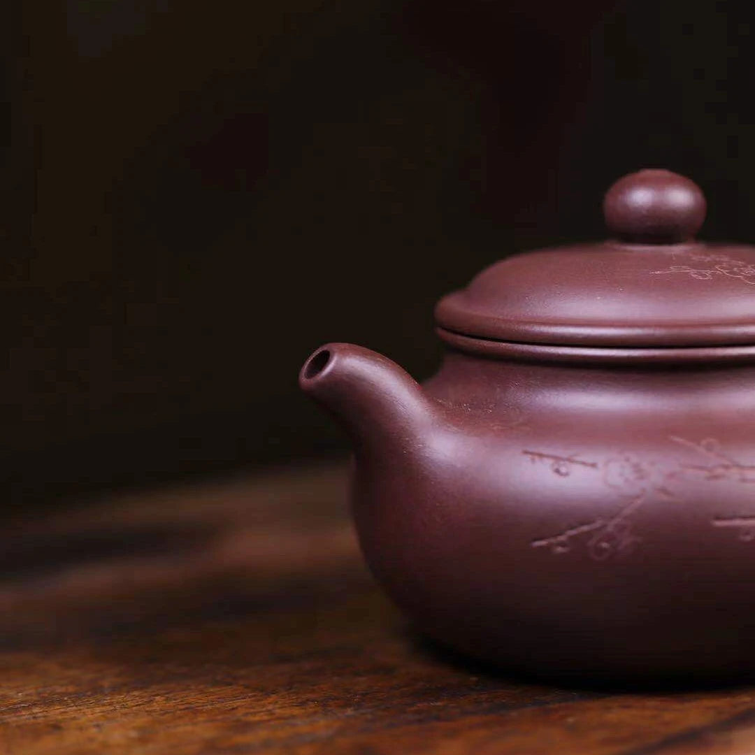 old purple clay tea pot marked Chinese original ore real yixing zisha antique style master pot hand carved 9 infuser holes new