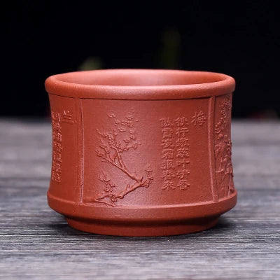 on big sales Chinese real yixing zisha tea cup floral character relief kungfu cup purple grit cup for Pu'er tea green tea marked