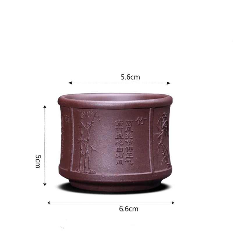 on big sales Chinese real yixing zisha tea cup floral character relief kungfu cup purple grit cup for Pu'er tea green tea marked