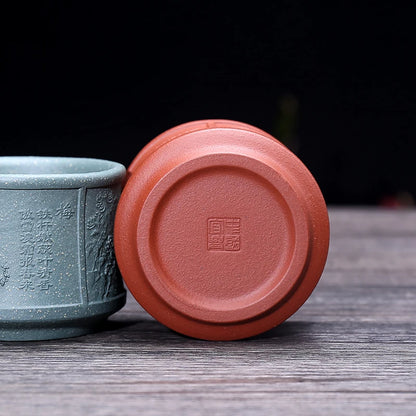 on big sales Chinese real yixing zisha tea cup floral character relief kungfu cup purple grit cup for Pu'er tea green tea marked
