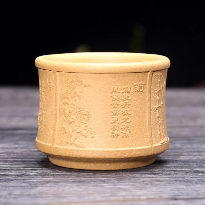 on big sales Chinese real yixing zisha tea cup floral character relief kungfu cup purple grit cup for Pu'er tea green tea marked