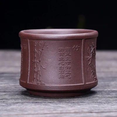on big sales Chinese real yixing zisha tea cup floral character relief kungfu cup purple grit cup for Pu'er tea green tea marked