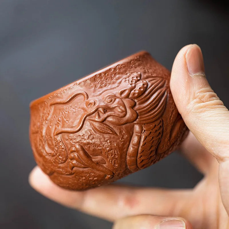 on big sales handmade dragon carved relief embossed personal cups 80ml Chinese kungfu tea cup real yixing zisha dahongpao clay