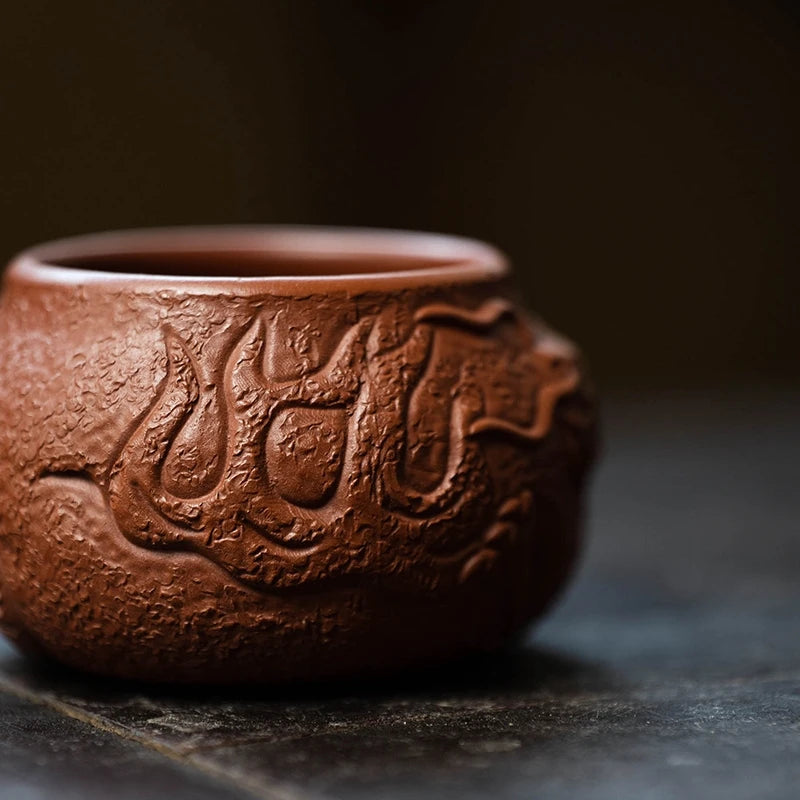 on big sales handmade dragon carved relief embossed personal cups 80ml Chinese kungfu tea cup real yixing zisha dahongpao clay