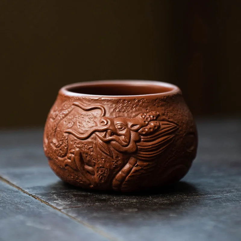 on big sales handmade dragon carved relief embossed personal cups 80ml Chinese kungfu tea cup real yixing zisha dahongpao clay