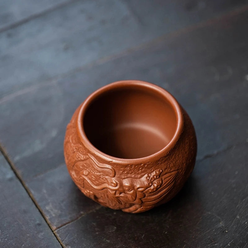 on big sales handmade dragon carved relief embossed personal cups 80ml Chinese kungfu tea cup real yixing zisha dahongpao clay