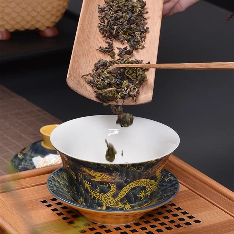 on sales Chinese kungfu tea set porcelain gaiwan cup saucer lid dragon print bamboo panda ceramic tureen cup bowl covered bowls