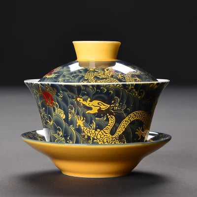 on sales Chinese kungfu tea set porcelain gaiwan cup saucer lid dragon print bamboo panda ceramic tureen cup bowl covered bowls