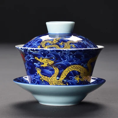 on sales Chinese kungfu tea set porcelain gaiwan cup saucer lid dragon print bamboo panda ceramic tureen cup bowl covered bowls