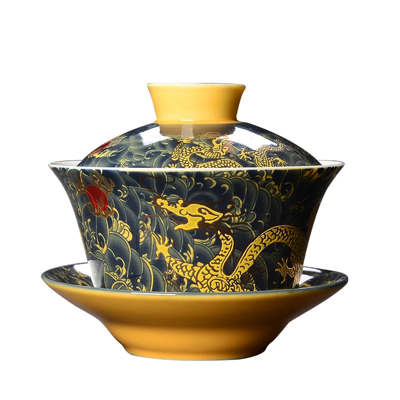 on sales Chinese kungfu tea set porcelain gaiwan cup saucer lid dragon print bamboo panda ceramic tureen cup bowl covered bowls