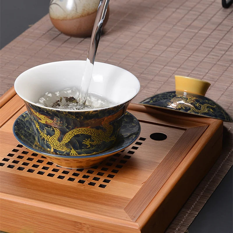on sales Chinese kungfu tea set porcelain gaiwan cup saucer lid dragon print bamboo panda ceramic tureen cup bowl covered bowls