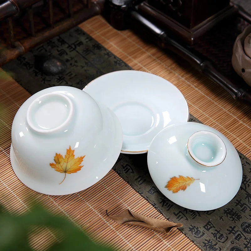 on sales Chinese porcelain gaiwan Sancai cup bowl with lid coaster under glaze leaf print ceramic tureen 160ml free shipping new