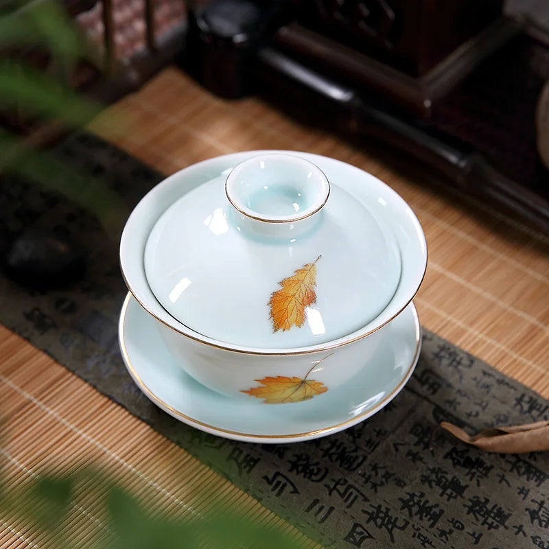 on sales Chinese porcelain gaiwan Sancai cup bowl with lid coaster under glaze leaf print ceramic tureen 160ml free shipping new