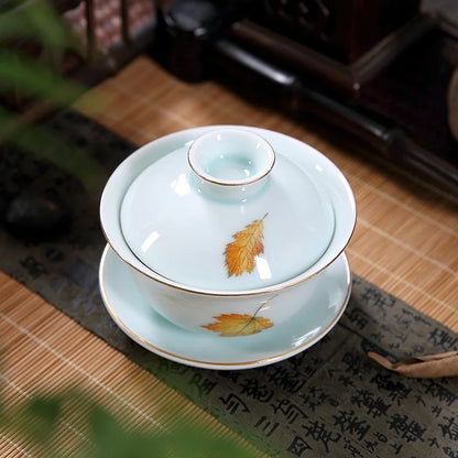 on sales Chinese porcelain gaiwan Sancai cup bowl with lid coaster under glaze leaf print ceramic tureen 160ml free shipping new