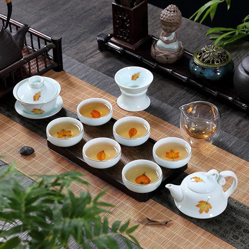 on sales Chinese porcelain gaiwan Sancai cup bowl with lid coaster under glaze leaf print ceramic tureen 160ml free shipping new