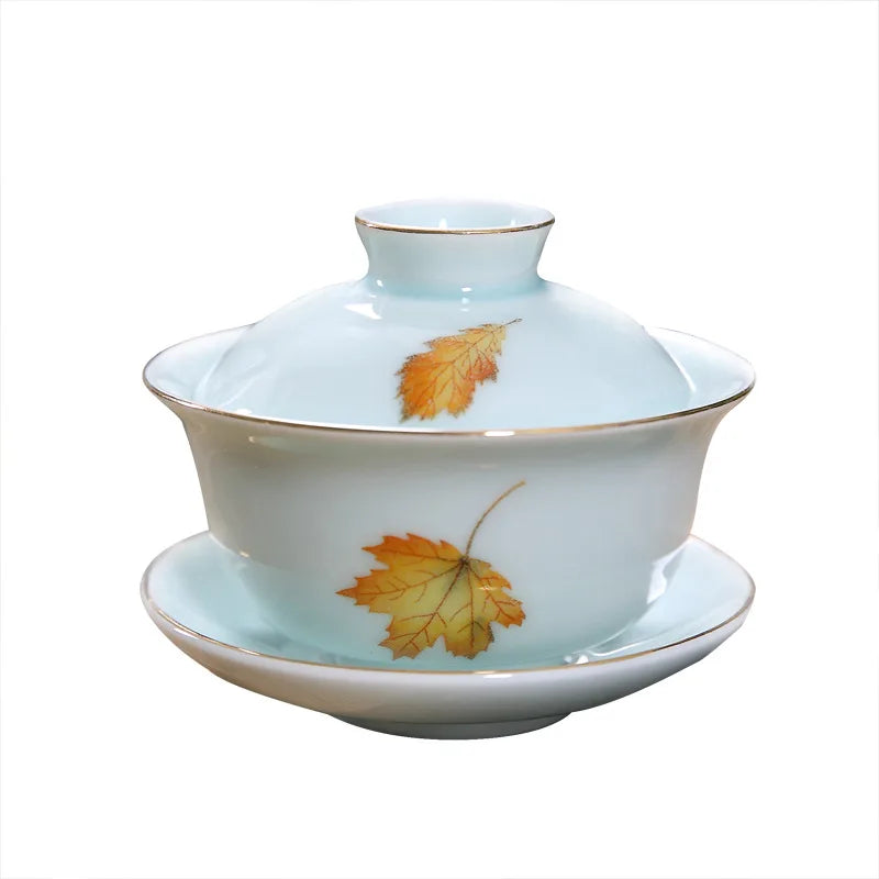 on sales Chinese porcelain gaiwan Sancai cup bowl with lid coaster under glaze leaf print ceramic tureen 160ml free shipping new