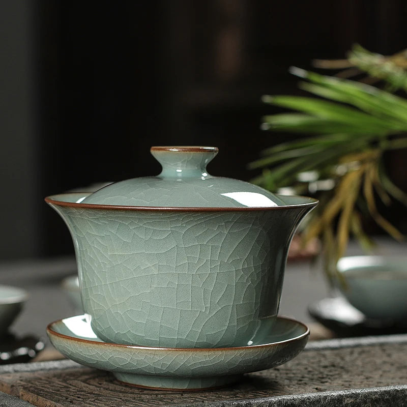 on sales Chinese tureen longquan celadon boutique gaiwan crackle glaze solid color covered bowl with cup saucer lid