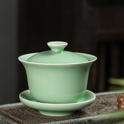 on sales Chinese tureen longquan celadon boutique gaiwan crackle glaze solid color covered bowl with cup saucer lid