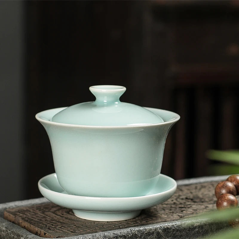 on sales Chinese tureen longquan celadon boutique gaiwan crackle glaze solid color covered bowl with cup saucer lid