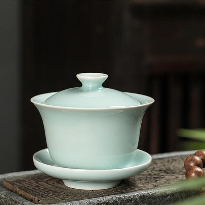 on sales Chinese tureen longquan celadon boutique gaiwan crackle glaze solid color covered bowl with cup saucer lid