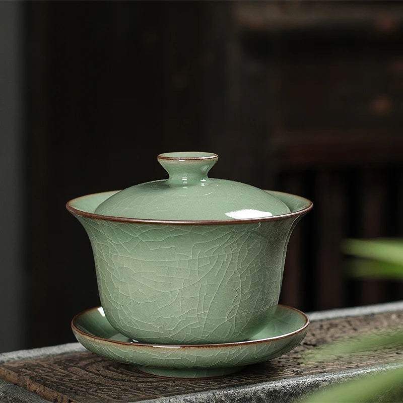 on sales Chinese tureen longquan celadon boutique gaiwan crackle glaze solid color covered bowl with cup saucer lid