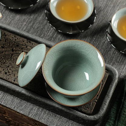 on sales Chinese tureen longquan celadon boutique gaiwan crackle glaze solid color covered bowl with cup saucer lid