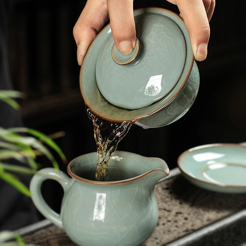 on sales Chinese tureen longquan celadon boutique gaiwan crackle glaze solid color covered bowl with cup saucer lid
