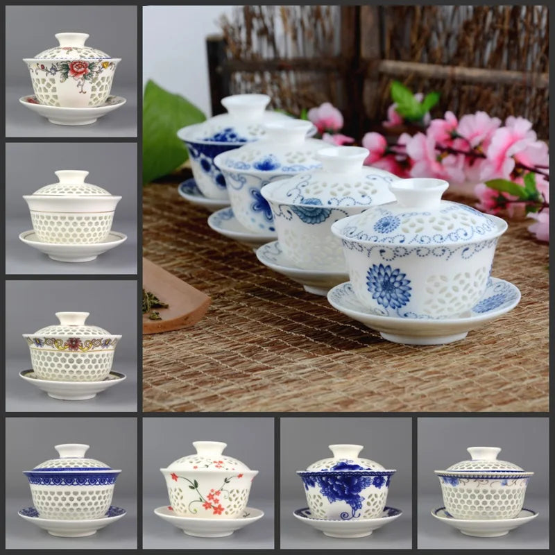 on sales Chinese tureen porcelain cup bowl handpainted hollow-out design gaiwan ceramic covered bowls cup saucer with lid new